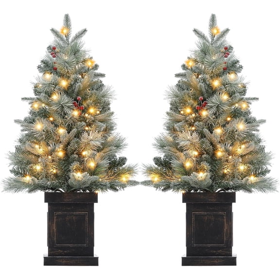 3 Ft Pre-Lit Artificial Christmas Tree with LED Lights, Snow Flocked Xmas Frost Trees Decoration for Home, Office, Small Spaces, 8 Modes Classic Potted Base, Battery Operated Timer, 2 Pcs