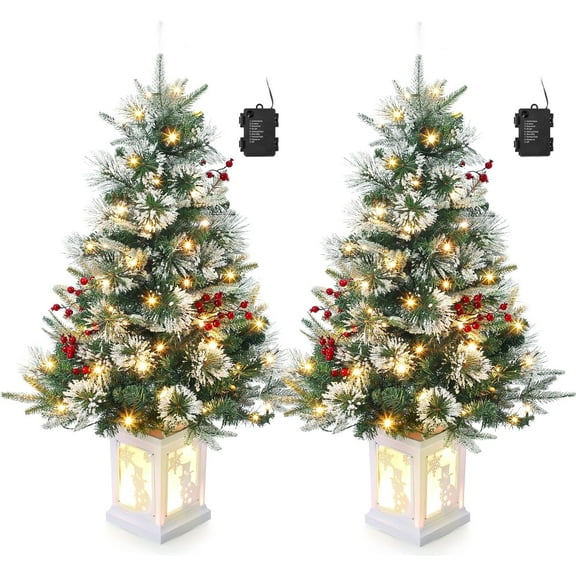 3 Ft Pre-Lit Artificial Christmas Tree with LED Lights, Snow Flocked Xmas Trees Decoration for Home, Office, Small Spaces,8 Modes Lighting Snowman Base, Battery Operated Timer,2 Pcs