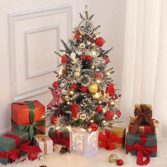 3 Ft Pre-Lit Artificial Christmas Tree with LED Lights, Snow Flocked Xmas Trees Decoration for Home, Office, Small Spaces, Lighting Snowflake Base, Battery Operated Timer, 2 Pcs