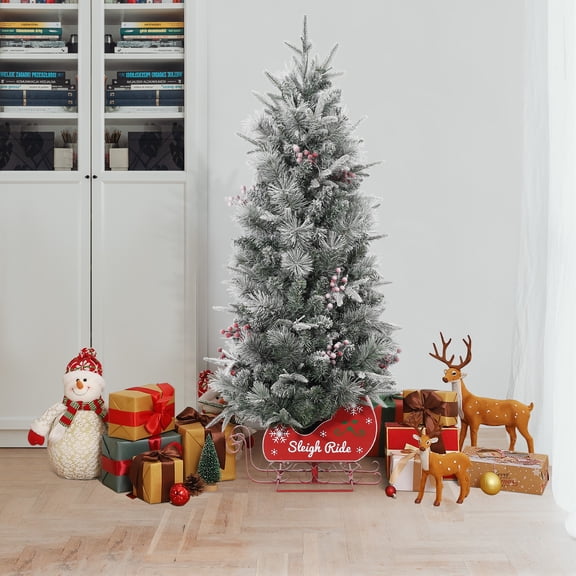 3 Ft Pre-Lit Artificial Christmas Tree with 78 Warm White LED Lights, 8 Lighting Modes and Sleigh Base, Small Tabletop Xmas Tree for Home and Office