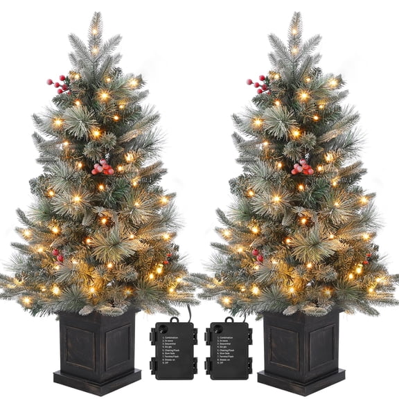 3 Ft Pre-Lit Christmas Tree With 78 LED Lights, Artificial Tree With Snowflakes and Red Berries, Black Square Base for Home, Porch, Office, Party Decoration, 2PCS