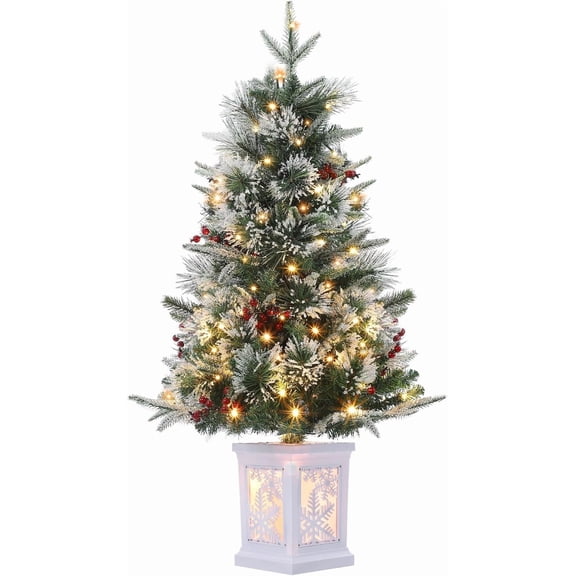 3 Ft Pre-Lit Potted Christmas Tree - 78 LED 8 Mode Battery Powered, Snowflake Light Box Base, Tabletop Holiday Decoration, 2PCS