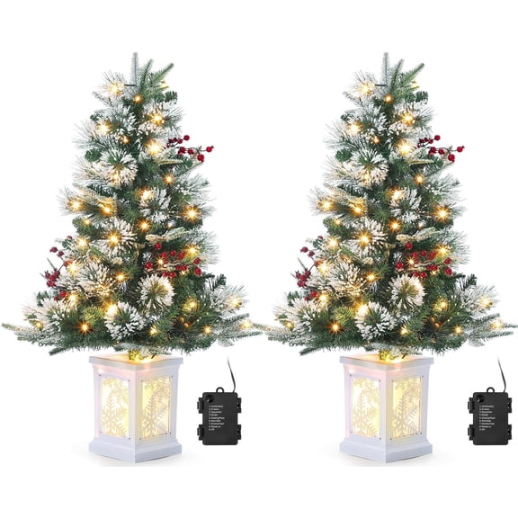3 Ft Pre-Lit Potted Christmas Tree - 78 LED 8 Mode Battery Powered, Snowflake Light Box Base, Tabletop Holiday Decoration, 2PCS