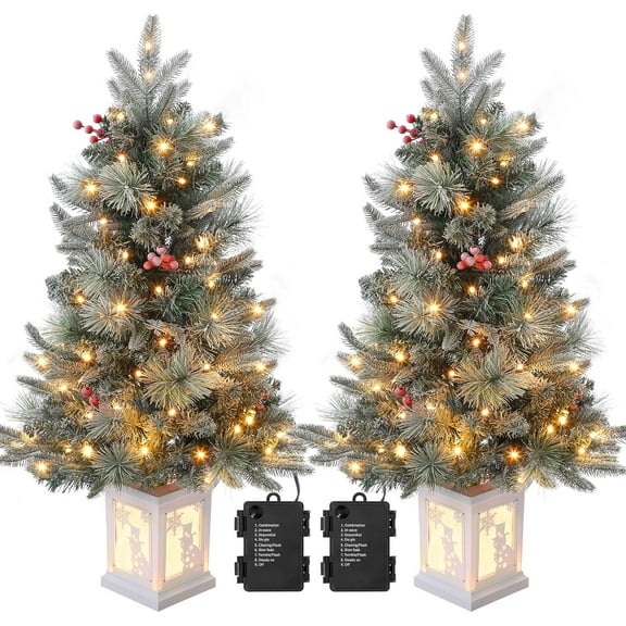 3 Ft Pre-Lit Potted Christmas Tree - 78 LED 8 Mode Battery Powered, Snowman Light Box Base, Tabletop Holiday Decoration, 2PCS