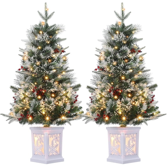 3 Ft Pre-Lit Potted Christmas Tree - 78 LED Lights, Snowflake Light Box Base, Tabletop Holiday Decoration, 2PCS