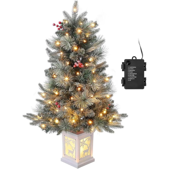 3 Ft Prelit Premium Snow Flocked Artificial Christmas Tree with 8 Mode Warm White Led, Mini Prelit Xmas Pine Tree for Christmas Decoration,Yard,Home,Office,Outdoor,Indoor