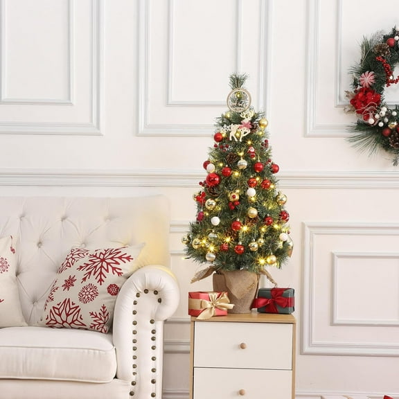 3 Ft Prelit Small Christmas Tree, Table Top Decorated Xmas Tree with Warm White Lights, Pine Cones, Red Berries, Mini Burlap Potted Artificial Christmas Tree for Desktop