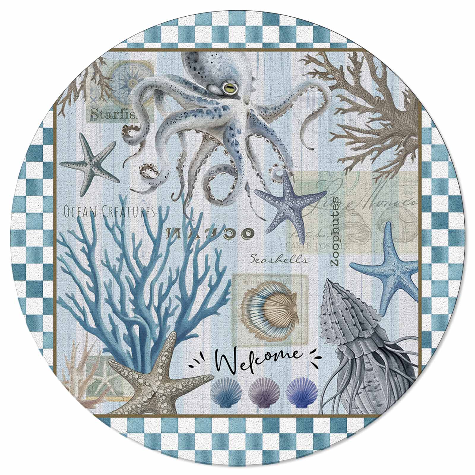 3 Ft Round Area Rug Mats for Living Room Summer Octopus Starfish Coral