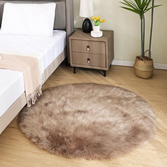 3 Ft Round Faux Fur Area Rug, Beige Fluffy High Pile Circular Shag Rug, Machine Washable Soft Accent Floor Mat for Bedroom, Living Room, Reading Corner and Vanity