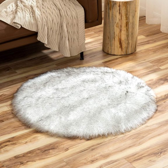 3 Ft Round Faux Fur Area Rug, White with Grey Tips Fluffy High Pile Accent Rug, Machine Washable Circular Floor Mat for Bedroom, Living Room, Reading Corner and Vanity
