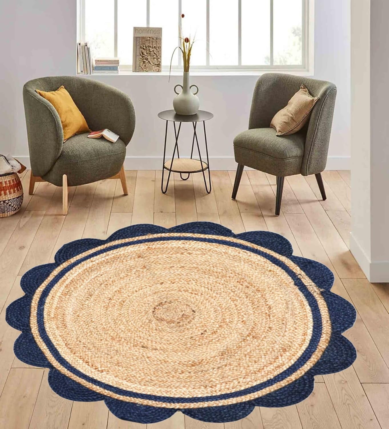 3 Ft Round Navy Blue & Natural Jute Premium Scalloped Jute Rug – Handcrafted Natural Braided Carpet for Living Room, Bedroom, Entryway – Boho Home Decor