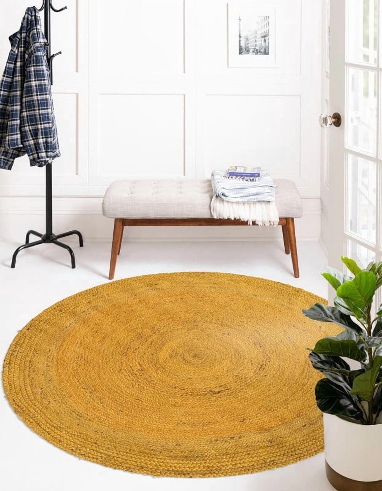 3 Ft Round Yellow Jute Area Rug, Hand-Woven, Reversible, Farmhouse Boho ...