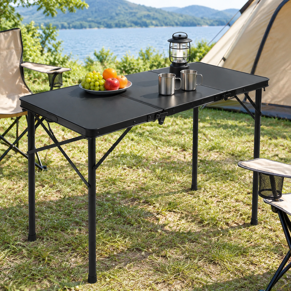 3 Ft Small Folding Table, 3-Height Camping Table Foldable, Black