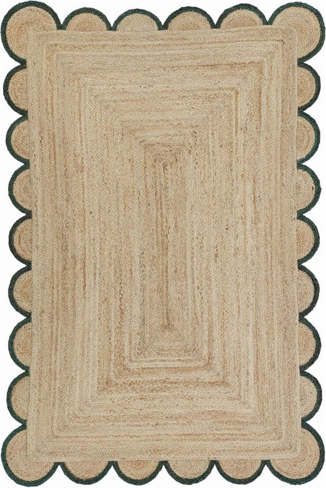 3 Ft Square Green Border Premium Scalloped Jute Rug – Handcrafted Natural Braided Carpet for Living Room, Bedroom, Entryway, Boho Home Decor
