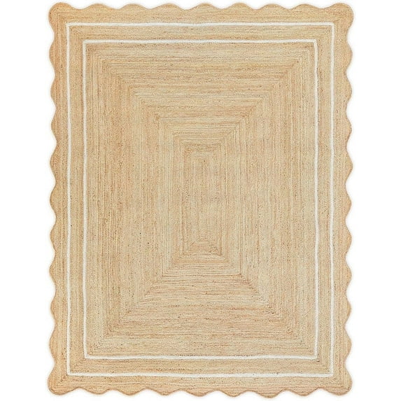3 Ft Square White Border Premium Scalloped Jute Rug – Handcrafted Natural Braided Carpet for Living Room, Bedroom, Entryway – Boho Home Decor