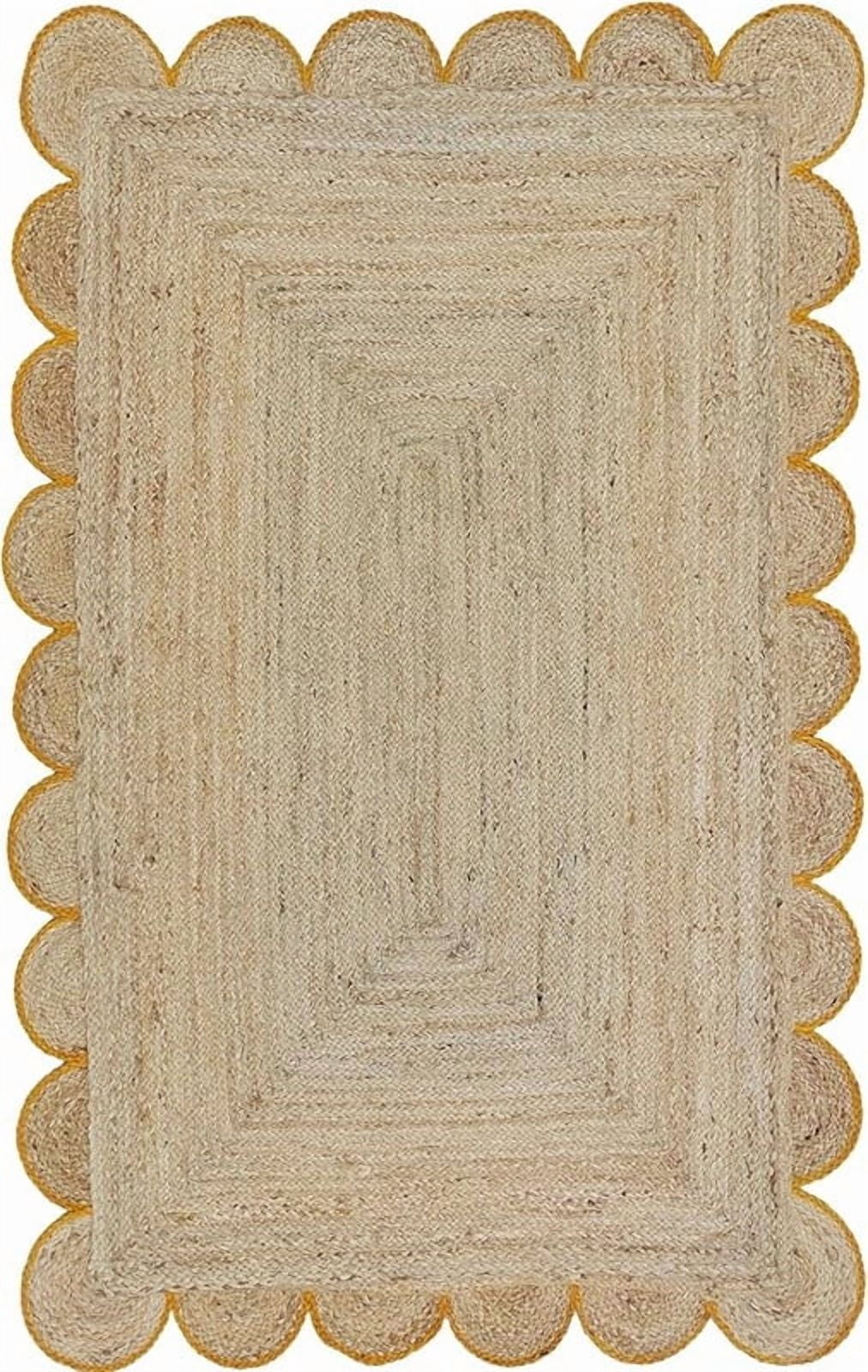 3 Ft Square Yellow Border Premium Scalloped Jute Rug – Handcrafted ...