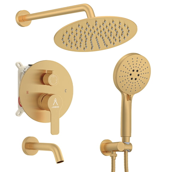 3 Functions Shower System,Modern Three-Setting 10-Inch Round Rain Shower Head and Faucet Set,Shower Faucet Set Complete Rough-in Valve and Trim Kit Included(Brushed Gold)
