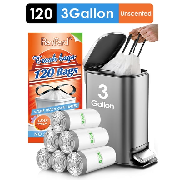 3 Gallon 120 Counts Strong Drawstring Trash Bags Garbage Bags by RayPard, Code C, Small Trash Can Liners for Home Office Kitchen Bathroom Bedroom,White Waste Basket Liners