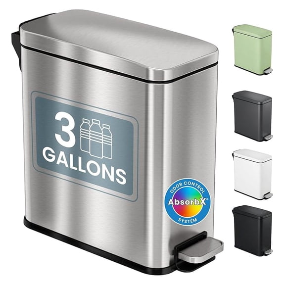 3 Gallon Bathroom Trash Can with Lid, Soft-Step Stainless Steel Wastebasket, 11.5L Silver Slim Garbage Bin, Deodorizer, Fingerprint-Proof for RV, Powder Room