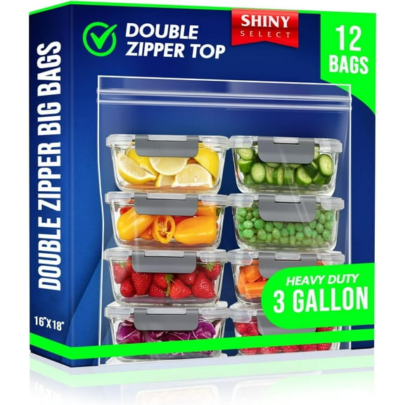 3-Gallon Double Zipper Jumbo Bags, 16x18, 2 Mil Thick, 12 Count - Heavy Duty Durable Storage Bags for Baby Items, School Supplies, Pants, Bedsheets, Pillowcases, Snacks, Meat Marinate
