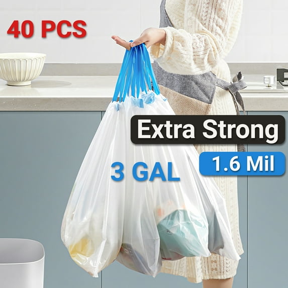 3 Gallon Drawstring Trash Bags, White, 40 Counts