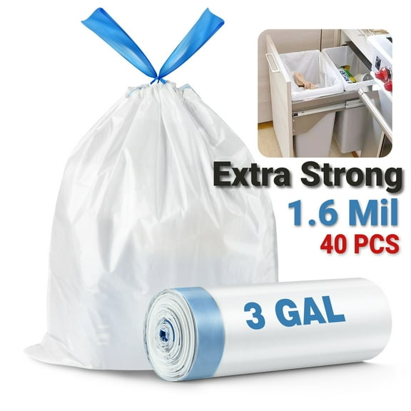 3 Gallon/40pcs Strong Trash Bags White Garbage Bags, Bathroom Trash Can Bin Liners, Small Plastic Bags for home office kitchen, White
