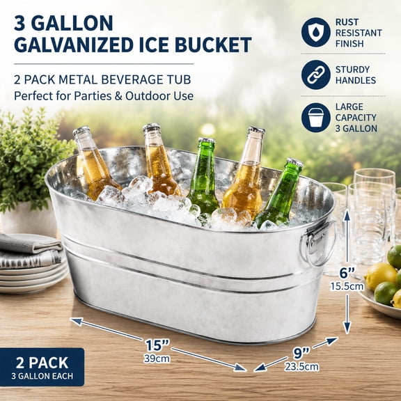 3 Gallon Galvanized Metal Ice Bucket 2 Pack | Rust Resistant Beverage Tub with Sturdy Carry Handles | Large Capacity Cooler for Parties and Outdoor Use