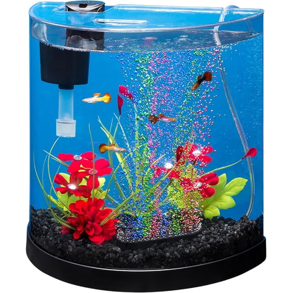 3 Gallon Small Fish Tank, Aquarium Starter Kit, with Filter, Air pump, & Color Changing Light, Half Moon shape, for Gold Fish & Betta