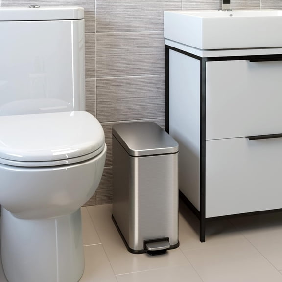 3 Gallon Slim Bathroom Trash Can with Lid & Odor Control, Soft-Step Stainless Steel Pedal Bin for Narrow Space, Fingerprint-Proof Wastebasket for Office, Nursery, Under Sink, Brushed Silver