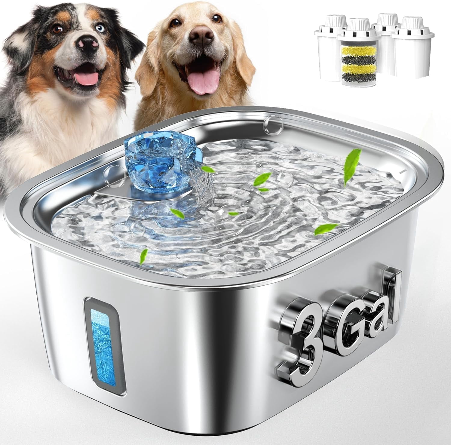 3-Gallon Stainless Steel Dog Water Fountain for Large Dogs, Dog Water Bowl Dispenser with 4 Filters, Visible Water Window, Quiet Pump & LED Low-Water Indicator
