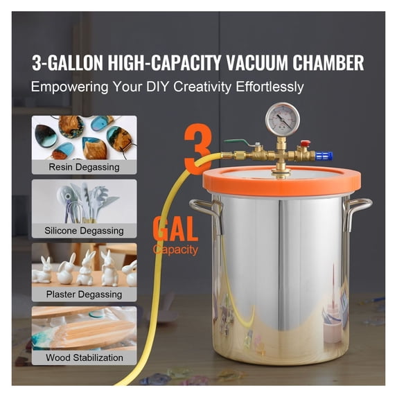 3 Gallon Vacuum Chamber 304 Stainless Steel with Tempered Glass Lid, 24 ...
