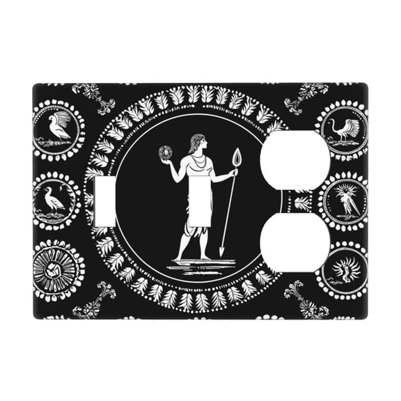 3-Gang Double Toggle Duplex Switch Wall Plate, Receptacle Polycarbonate Cover, Ancient Greece Mythology Black Art Print