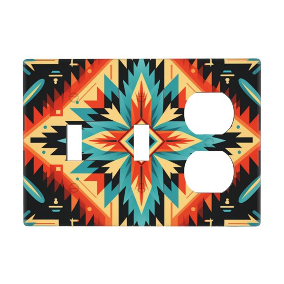 3-Gang Double Toggle Duplex Switch Wall Plate, Receptacle Polycarbonate Cover, Aztec Baja Southwest Native Western Art Print