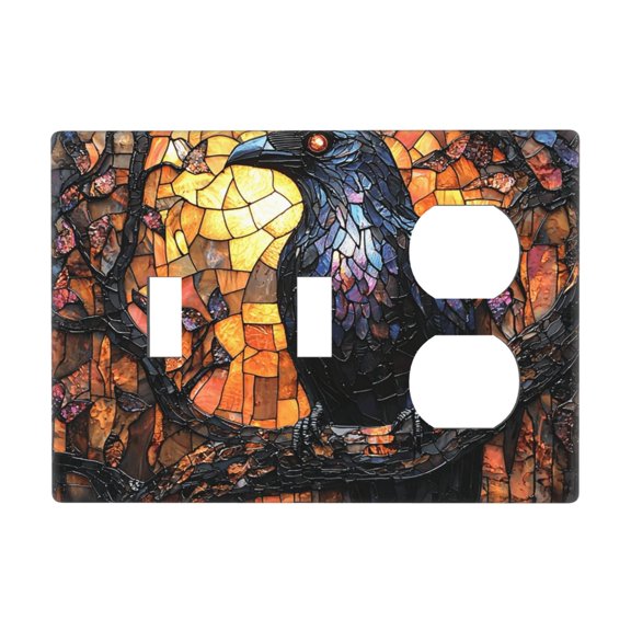 3-Gang Double Toggle Duplex Switch Wall Plate, Receptacle Polycarbonate Cover, Dark Crow Stained Glass Art Print