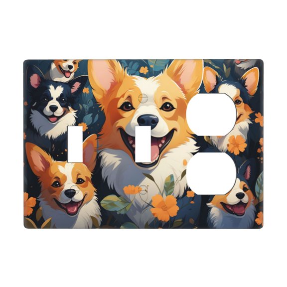 3-Gang Double Toggle Duplex Switch Wall Plate, Receptacle Polycarbonate Cover, Funny Cute Corgi Art Print