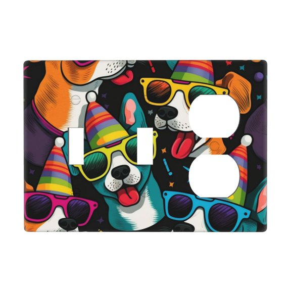 3-Gang Double Toggle Duplex Switch Wall Plate, Receptacle Polycarbonate Cover, Funny Dogs Cool Dog Party Art Print