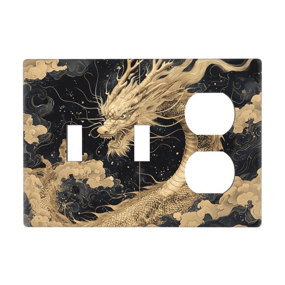 3-Gang Double Toggle Duplex Switch Wall Plate, Receptacle Polycarbonate Cover, Golden Chinese Dragon Vintage Art Print