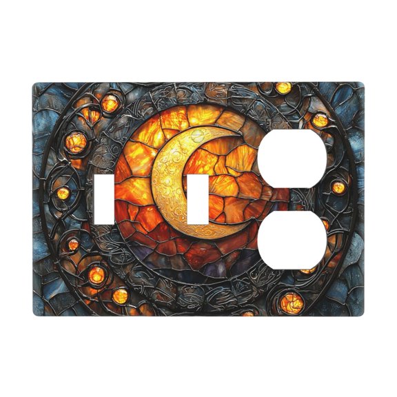 3-Gang Double Toggle Duplex Switch Wall Plate, Receptacle Polycarbonate Cover, Moon Celtic Stained Glass Art Print