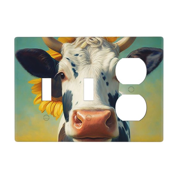 3-Gang Double Toggle Duplex Switch Wall Plate, Receptacle Polycarbonate Cover, Sunflower Funny Cow Art Print