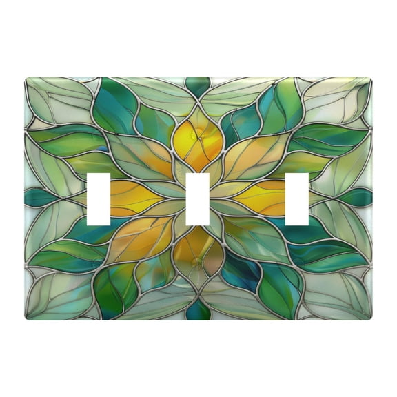3 Gang Light Switch Cover Plate Abstract Yellow Green Floral Stained Glass Wall Plate Decorate Electrical Outlet Cover Plates 4.56”x4.48”