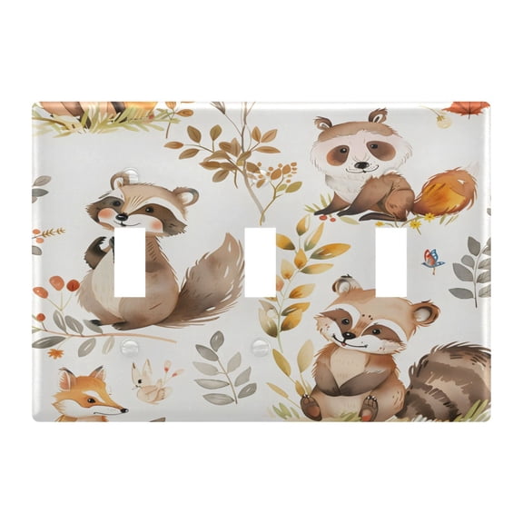 3 Gang Light Switch Cover Plate Cartoon Raccoon Fox Wall Plate Decorate Electrical Outlet Cover Plates 4.56”x4.48”
