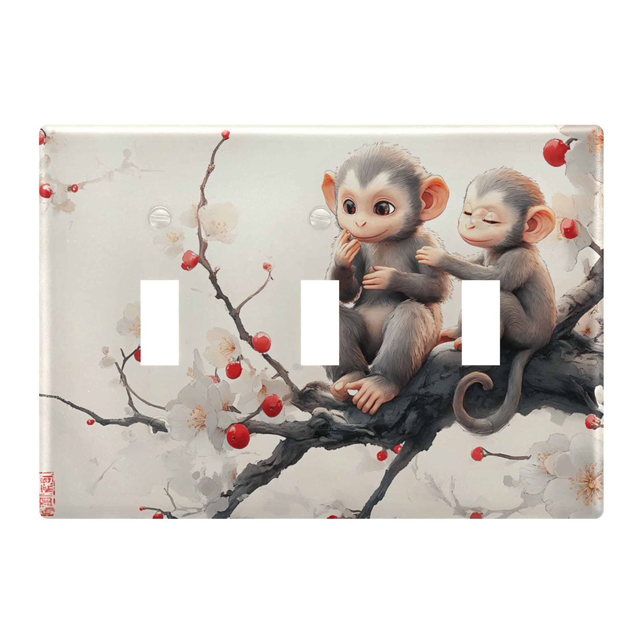 3 Gang Light Switch Cover Plate Cute Monkeys on Flower Branch Wall