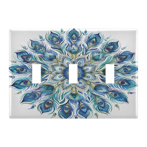 3 Gang Light Switch Cover Plate Mandala Peacock Feathers Wall Plate Decorate Electrical Outlet Cover Plates 4.56”x4.48”
