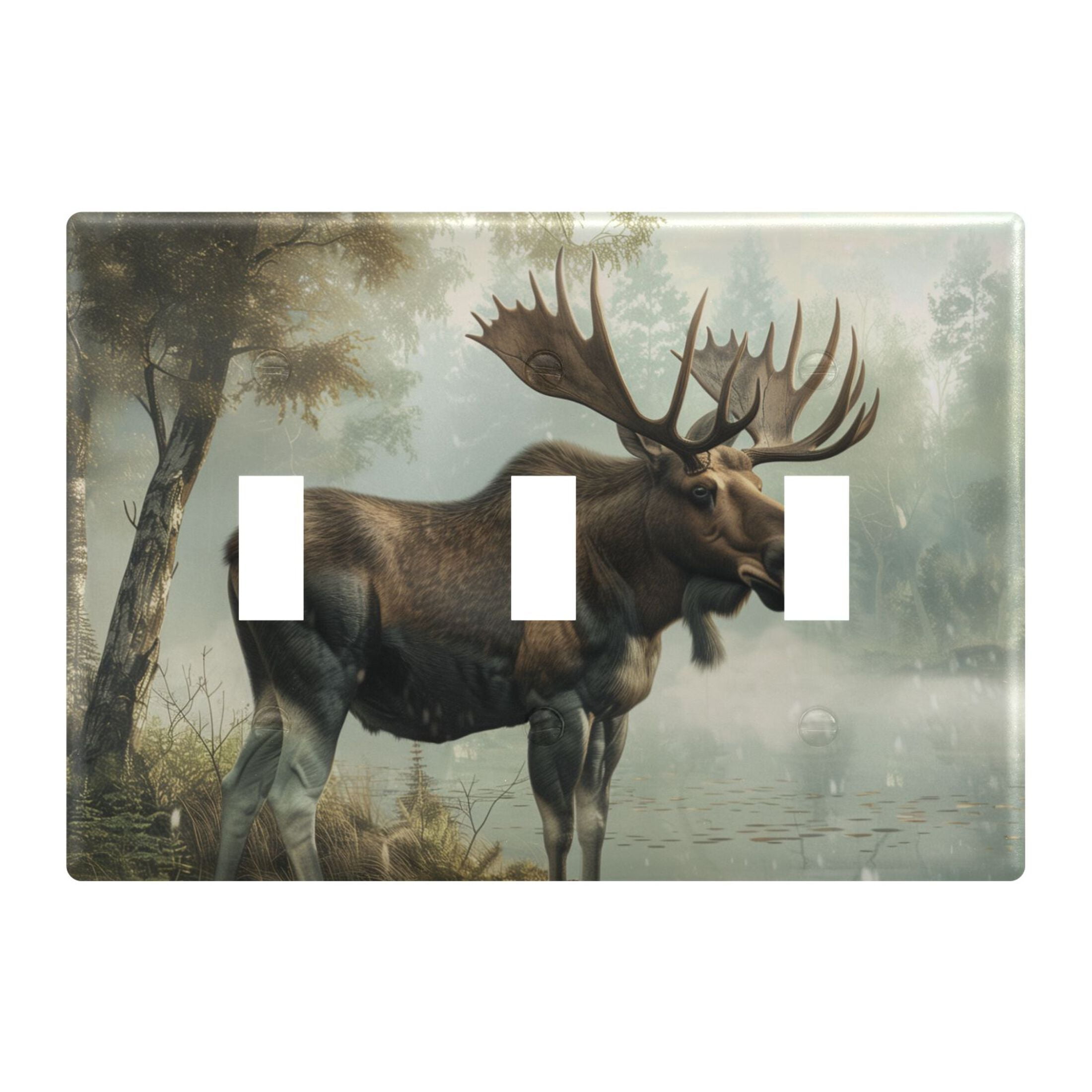 3 Gang Light Switch Cover Plate Moose on Misty Lake Wall Plate Decorate