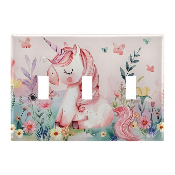 3 Gang Light Switch Cover Plate Watercolor Cute Unicorn Wall Plate Decorate Electrical Outlet Cover Plates 4.56”x4.48”