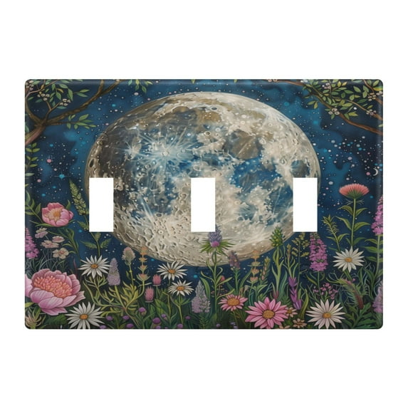 3 Gang Light Switch Cover Plate Wildflowers and Trees Surrounded Full Moon Wall Plate Decorate Electrical Outlet Cover Plates 4.56”x4.48”