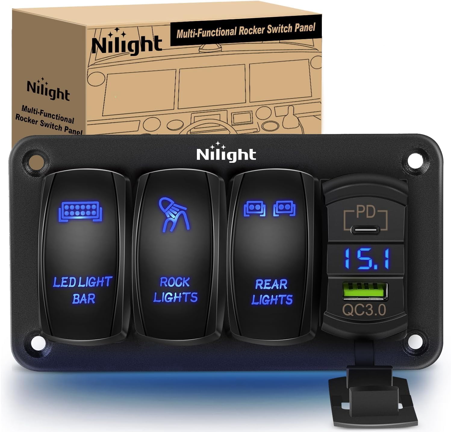 3 Gang Rocker Switch Aluminum 12V 24V Laser Toggle Panel Blue PD Type C ...