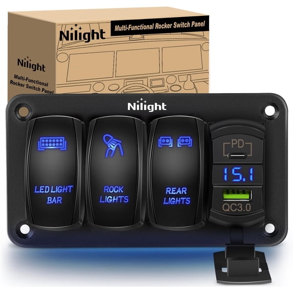 3 Gang Rocker Switch Aluminum 12V 24V Laser Toggle Panel Blue PD Type C ...