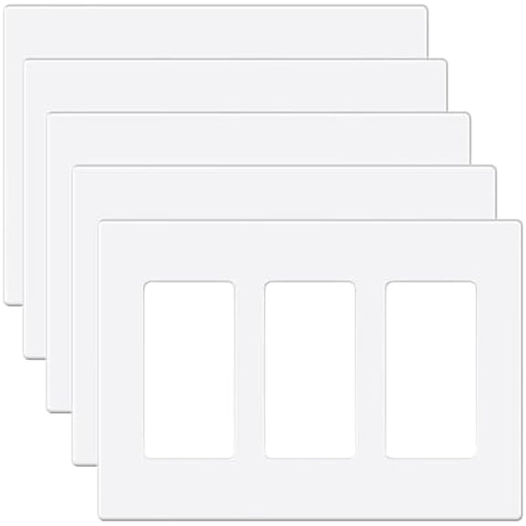 3-Gang Screwless Decorator Wall Plate Cover for Receptacle Outlet & Light Switch, Standard Size 4.53"H x 6.38"W, Unbreakable Thermoplastic Faceplate, UL Listed, Matte White 5-Pack