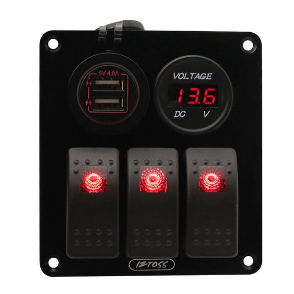3 Gang Switch Panel with 12V-24V LED Digital Voltmeter 4.8A Dual USB Charger